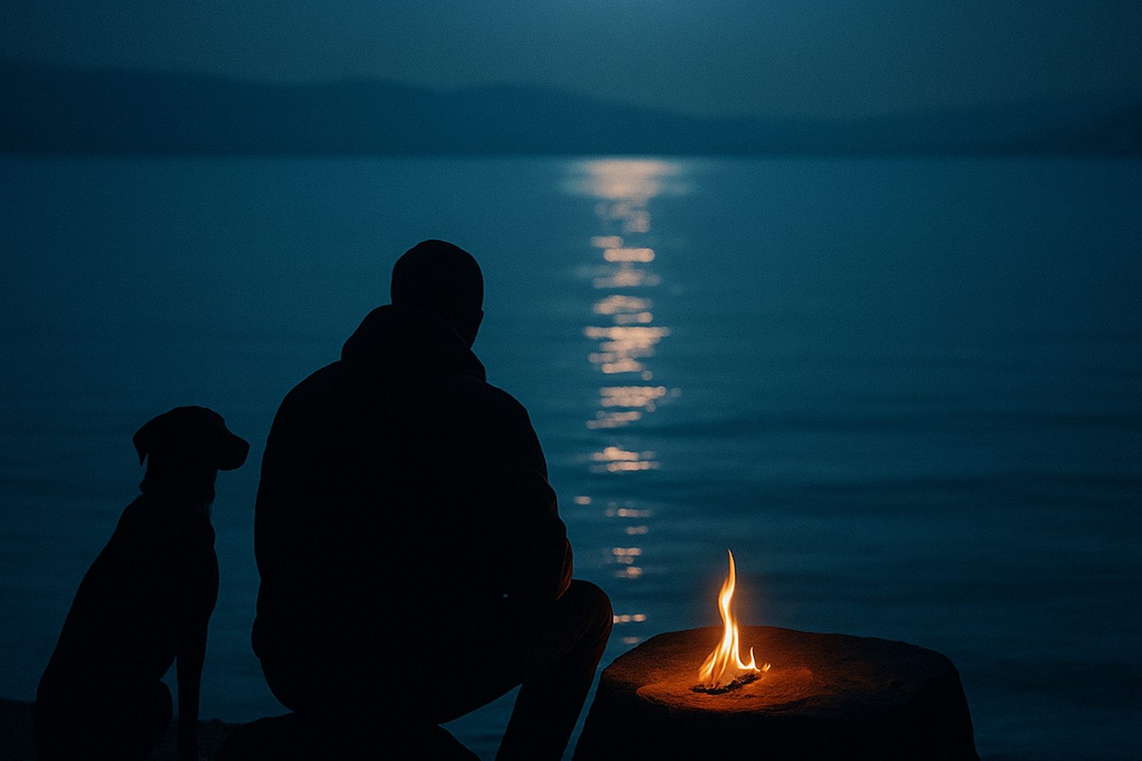Person mit Hund an einem See bei Mondlicht, daneben ein kleines Feuer