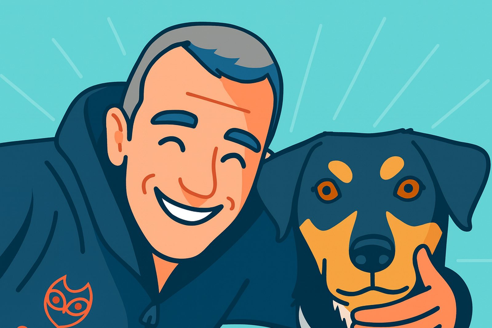 Gezeichnetes Bild von Carsten Diederich mit seinem Hund Focs