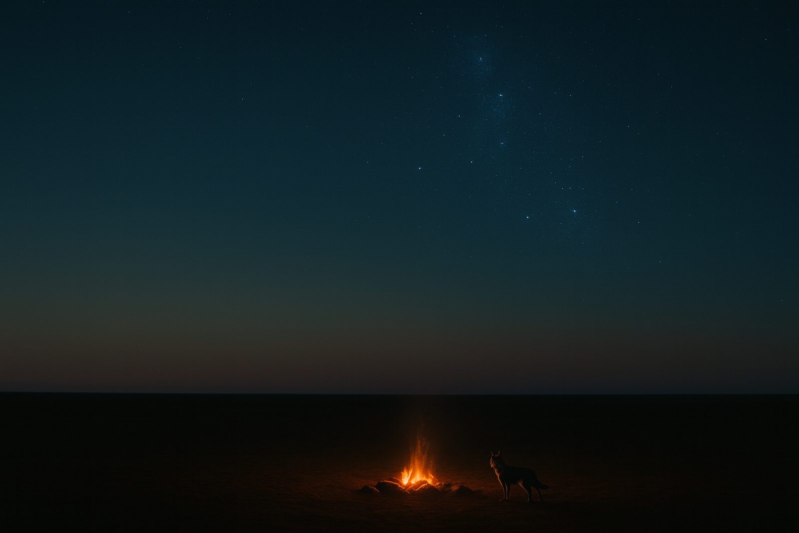 Weite Ebene bei Nacht, am Horizont ein kleines Lagerfeuer
