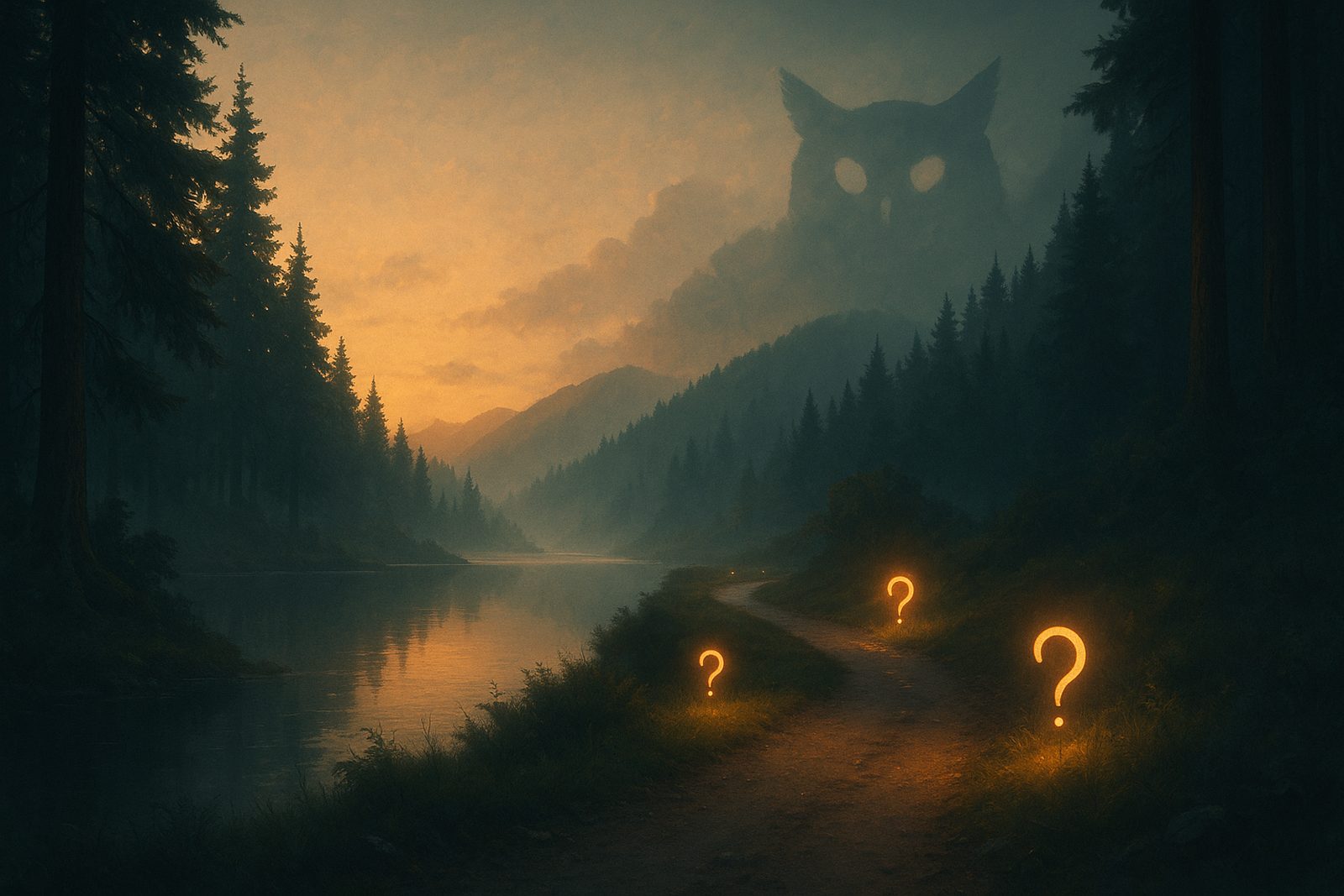 Nebliger See im Wald, im Himmel die Umrisse einer Eule