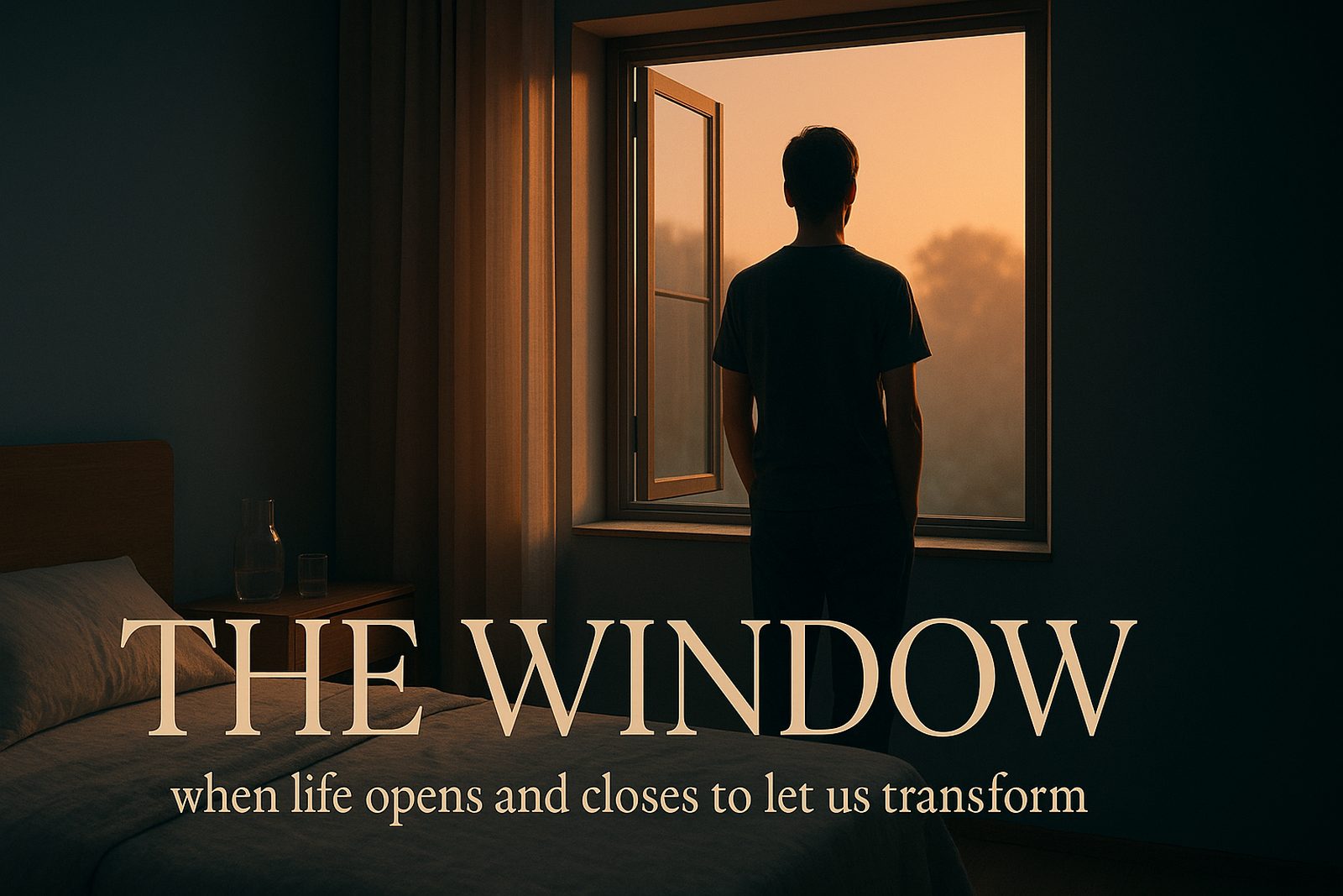 Person am offenen Fenster im Morgenlicht, darunter der Bildtitel The Window