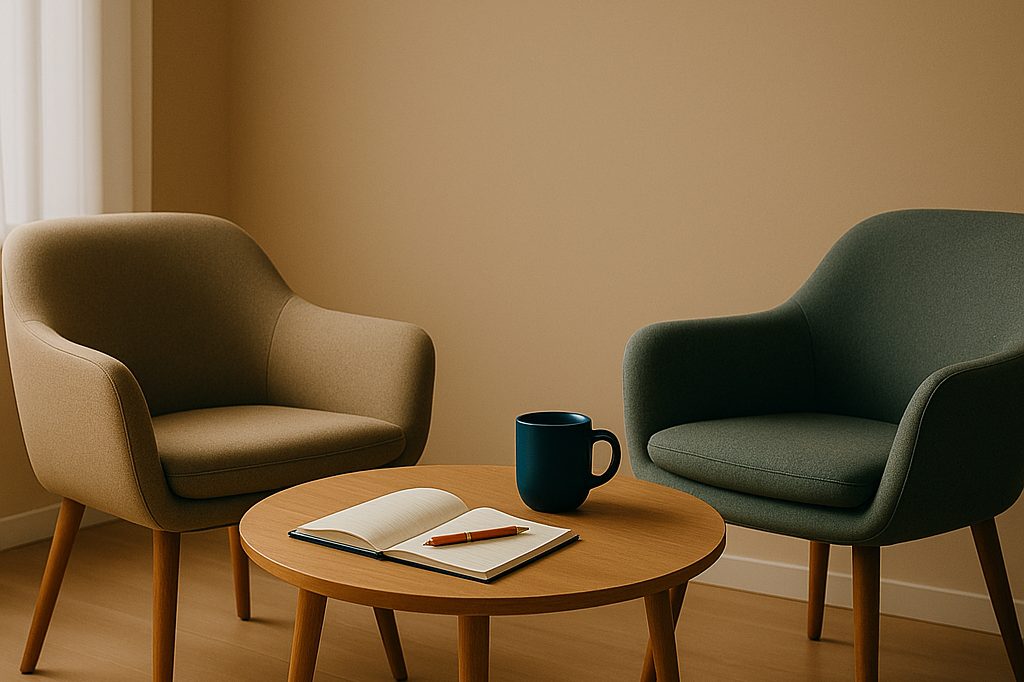 Zwei Sessel und ein niedriger Tisch mit Notizbuch und Tasse